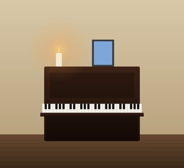 An upright piano with a candle in a flat
